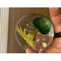 STUNNING VINTAGE Yellow W/Orange Outline Mesh Flower Art Glass Paperweight 2.5"H