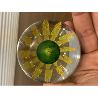 STUNNING VINTAGE Yellow W/Orange Outline Mesh Flower Art Glass Paperweight 2.5"H