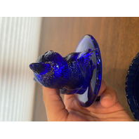 STUNNING VTG Westmoreland Cobalt Blue Nesting Cat Design Candy Dish 5.5"L