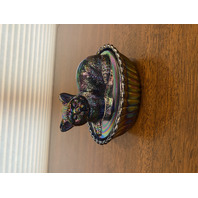 STUNNING VTG Westmoreland Carnival Iridescent Nesting Cat Design Candy Dish 5.5"