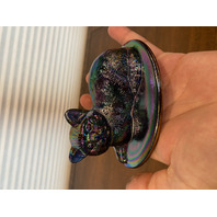 STUNNING VTG Westmoreland Carnival Iridescent Nesting Cat Design Candy Dish 5.5"