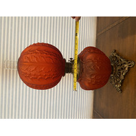 STUNNING ANTIQUE VICTORIAN Red Satin BEADED ACANTHUS GWTW Parlor Oil Lamp 23"H