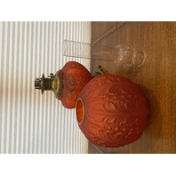 STUNNING ANTIQUE VICTORIAN Red Satin BEADED ACANTHUS GWTW Parlor Oil Lamp 23"H