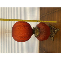 STUNNING ANTIQUE VICTORIAN Red Satin BEADED ACANTHUS GWTW Parlor Oil Lamp 23"H