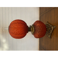 STUNNING ANTIQUE VICTORIAN Red Satin BEADED ACANTHUS GWTW Parlor Oil Lamp 23"H