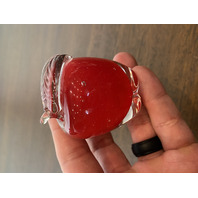 ADORABLE Small Red & Clear Art Glass Apple Paperweight SIGNED 2.25"H