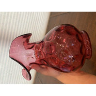 STUNNING LARGE VTG FENTON Cranberry Dot Optic Art Glass Vase 10"H