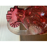 STUNNING LARGE VTG FENTON Cranberry Dot Optic Pitcher W/Clear Ribbed Handle 9.5"