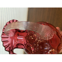 STUNNING LARGE VTG FENTON Cranberry Dot Optic Pitcher W/Clear Ribbed Handle 9.5"