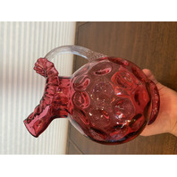 STUNNING LARGE VTG FENTON Cranberry Dot Optic Pitcher W/Clear Ribbed Handle 9.5"