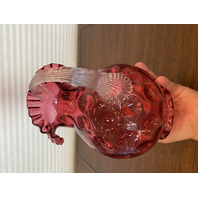 STUNNING LARGE VTG FENTON Cranberry Dot Optic Pitcher W/Clear Ribbed Handle 9.5"