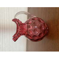STUNNING LARGE VTG FENTON Cranberry Dot Optic Pitcher W/Clear Ribbed Handle 9.5"