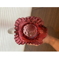 STUNNING LARGE VTG FENTON Cranberry Dot Optic Pitcher W/Clear Ribbed Handle 9.5"