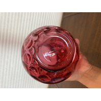 STUNNING LARGE VTG FENTON Cranberry Dot Optic Pitcher W/Clear Ribbed Handle 9.5"