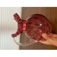 STUNNING LARGE VTG FENTON Cranberry Dot Optic Pitcher W/Clear Ribbed Handle 9.5"