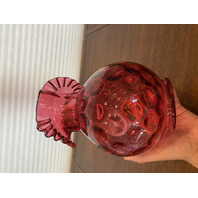 STUNNING LARGE VTG FENTON Cranberry Dot Optic Pitcher W/Clear Ribbed Handle 9.5"