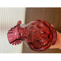 STUNNING LARGE VTG FENTON Cranberry Dot Optic Pitcher W/Clear Ribbed Handle 9.5"