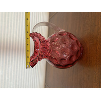 STUNNING LARGE VTG FENTON Cranberry Dot Optic Pitcher W/Clear Ribbed Handle 9.5"
