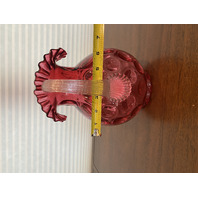 STUNNING LARGE VTG FENTON Cranberry Dot Optic Pitcher W/Clear Ribbed Handle 9.5"