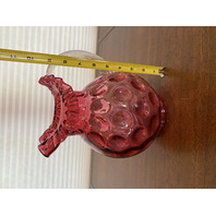 STUNNING LARGE VTG FENTON Cranberry Dot Optic Pitcher W/Clear Ribbed Handle 9.5"