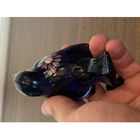 FENTON Blue/Violet Art Glass Paperweight Songbird Floral HANDPAINTED/SIGNED 4"L