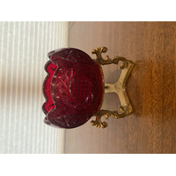 FENTON Red Regency Rose Bowl/Candle Holder W/Brass Stand & LABEL 6.25"H