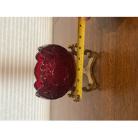 FENTON Red Regency Rose Bowl/Candle Holder W/Brass Stand & LABEL 6.25"H