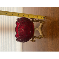FENTON Red Regency Rose Bowl/Candle Holder W/Brass Stand & LABEL 6.25"H