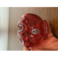 VTG FENTON Cranberry Art Glass Rose Bowl Vase W/LABEL 3.25"H