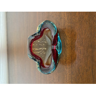 VTG MURANO Turquoise & Red Sommerso Art Glass Ashtray Bowl 6.5"L ITALY