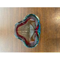 VTG MURANO Turquoise & Red Sommerso Art Glass Ashtray Bowl 6.5"L ITALY