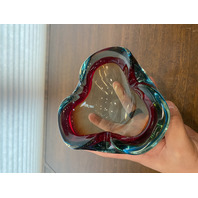 VTG MURANO Turquoise & Red Sommerso Art Glass Ashtray Bowl 6.5"L ITALY