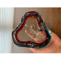 VTG MURANO Turquoise & Red Sommerso Art Glass Ashtray Bowl 6.5"L ITALY