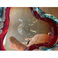 VTG MURANO Turquoise & Red Sommerso Art Glass Ashtray Bowl 6.5"L ITALY