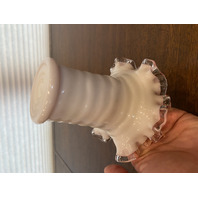 VTG FENTON PEACH BLOW Ruffled Rim Hat Art Glass Vase 5.25"H