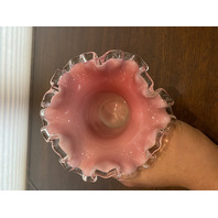 VTG FENTON PEACH BLOW Ruffled Rim Hat Art Glass Vase 5.25"H