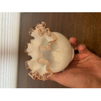 VTG FENTON Rose Pink Crest Milk Glass Ruffled Rim Vase 4.25"H