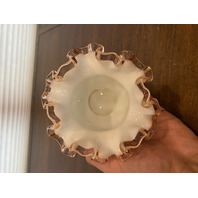 VTG FENTON Rose Pink Crest Milk Glass Ruffled Rim Vase 4.25"H