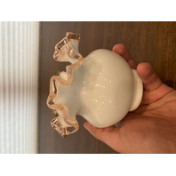VTG FENTON Rose Pink Crest Milk Glass Ruffled Rim Vase 4.25"H