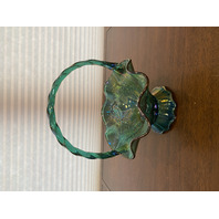 VTG FENTON Teal Iridescent Floral Pattern Art Glass Twisted Handle Basket 9.5"H