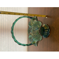 VTG FENTON Teal Iridescent Floral Pattern Art Glass Twisted Handle Basket 9.5"H