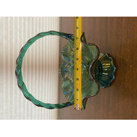 VTG FENTON Teal Iridescent Floral Pattern Art Glass Twisted Handle Basket 9.5"H
