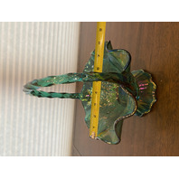 VTG FENTON Teal Iridescent Floral Pattern Art Glass Twisted Handle Basket 9.5"H