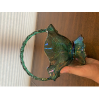 VTG FENTON Teal Iridescent Floral Pattern Art Glass Twisted Handle Basket 9.5"H