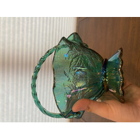 VTG FENTON Teal Iridescent Floral Pattern Art Glass Twisted Handle Basket 9.5"H