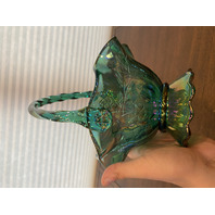 VTG FENTON Teal Iridescent Floral Pattern Art Glass Twisted Handle Basket 9.5"H