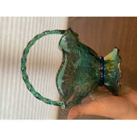 VTG FENTON Teal Iridescent Floral Pattern Art Glass Twisted Handle Basket 9.5"H