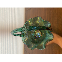 VTG FENTON Teal Iridescent Floral Pattern Art Glass Twisted Handle Basket 9.5"H