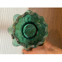 VTG FENTON Teal Iridescent Floral Pattern Art Glass Twisted Handle Basket 9.5"H