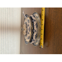 ANTIQUE ALBION POTTERY Blue/White Lidded Tureen W/Gold Accents & Underplate